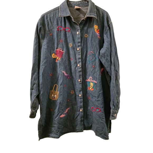 Vtg 90s Y2K Tweety Bird Embroidered Denim Shirt Long Sleeve Warner Brothers L - Picture 1 of 10